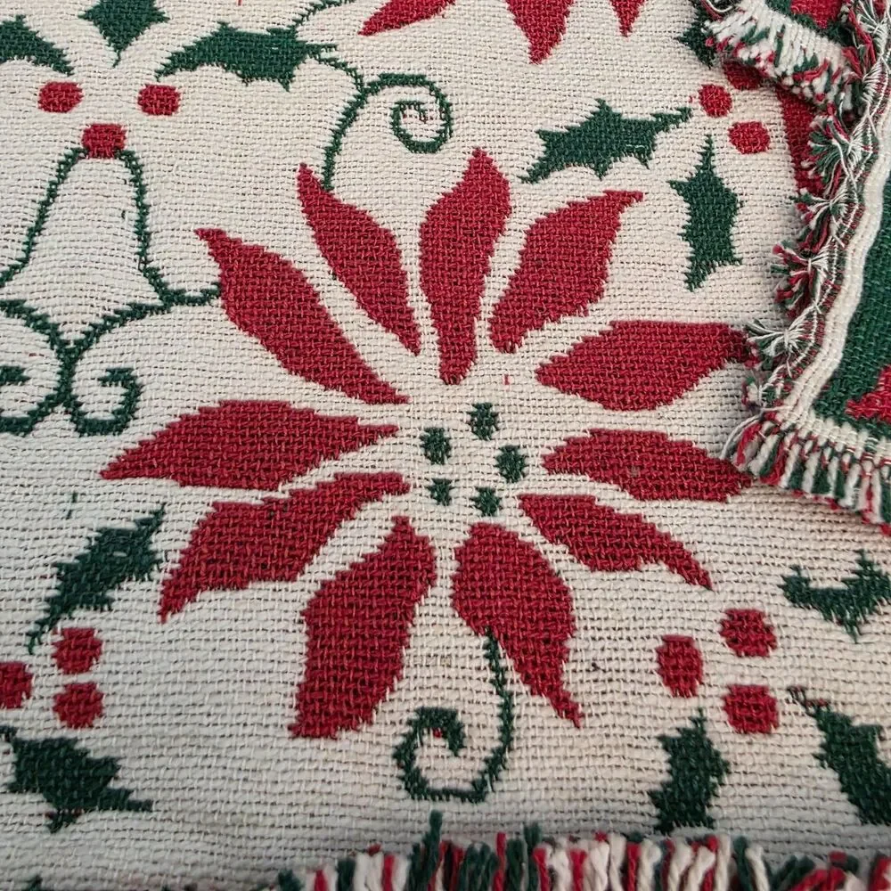 Vintage Poinsettia & Holly Woven Reversible Christmas Placemats Table Runner